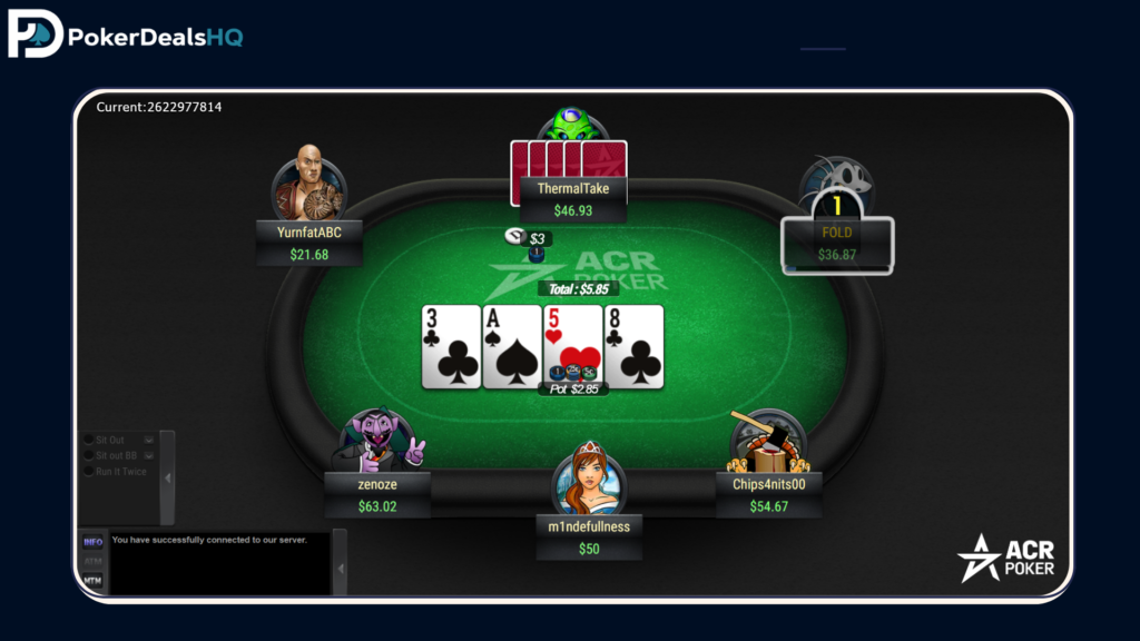 ACR Poker table showing a hand with cards on the board, player avatars, chip stacks, and pot value displayed
