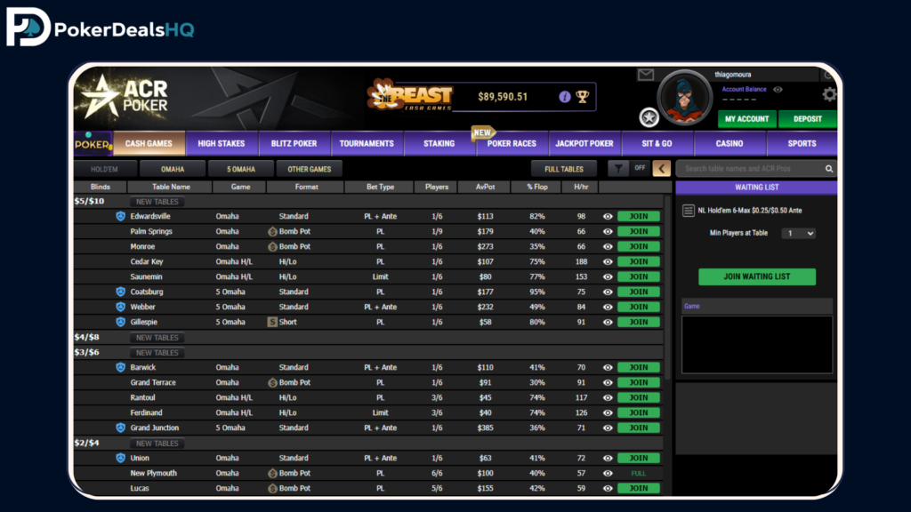 interface displaying poker variants lobby with tables, stakes, player stats, and navigation menu