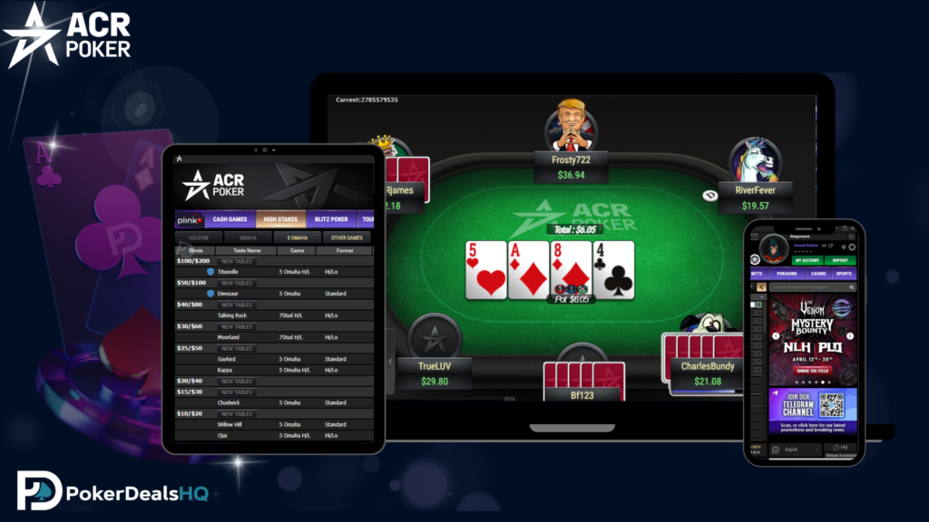 ACR Poker displayed across multiple devices including desktop, tablet, and mobile, showing gameplay table and lobby interface