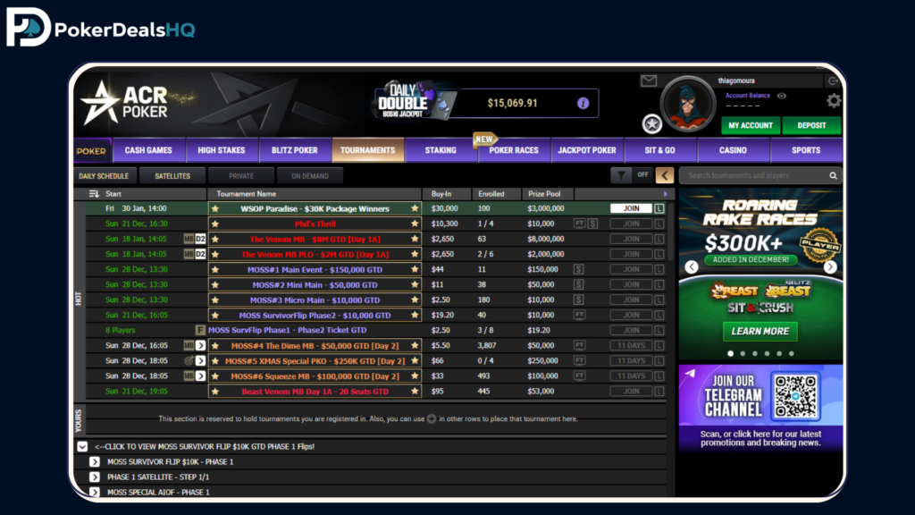 ACR Poker sit & go lobby screen displaying scheduled events, buy-ins, prize pools, and details with navigation tabs