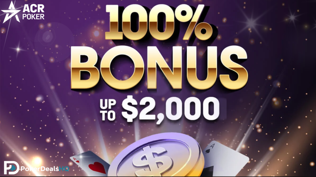 Promotional banner for ACR Poker featuring 100% Bonus up to $2,000