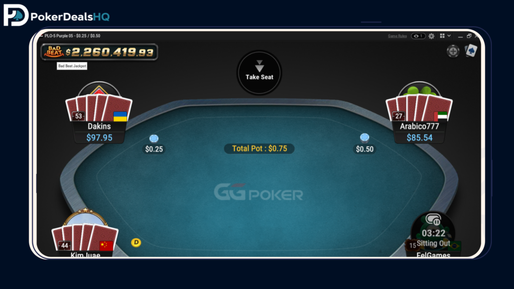 GGPoker online cash game table interface with players and jackpot display