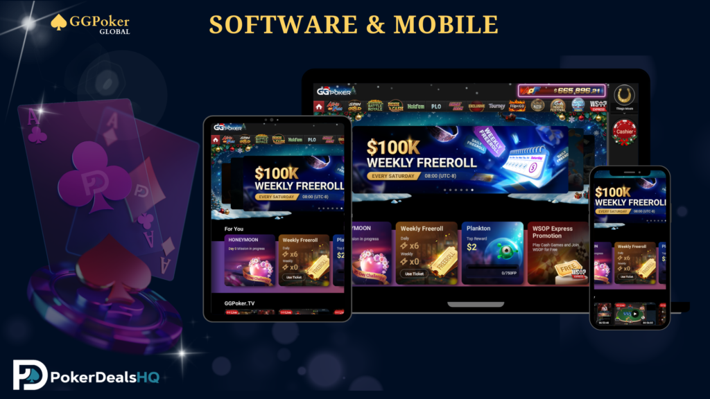 GGPoker software and mobile app interface on desktop, tablet, and smartphone