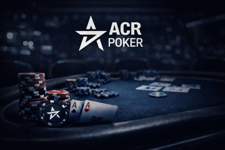 ACR Poker poker review hero image with branded poker chips and casino table