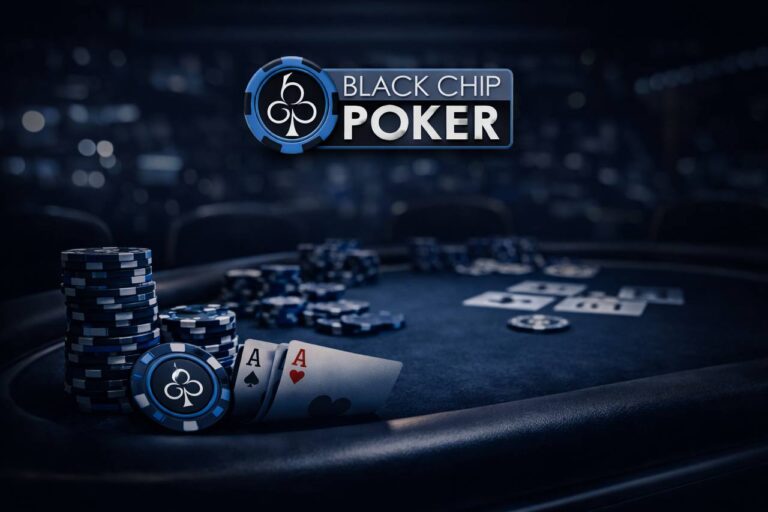 Black Chip Poker review hero image with branded poker chips and casino table