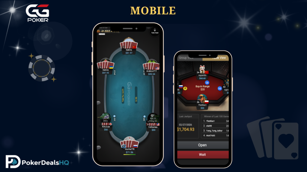GGPoker mobile poker app showing cash game tables on smartphone