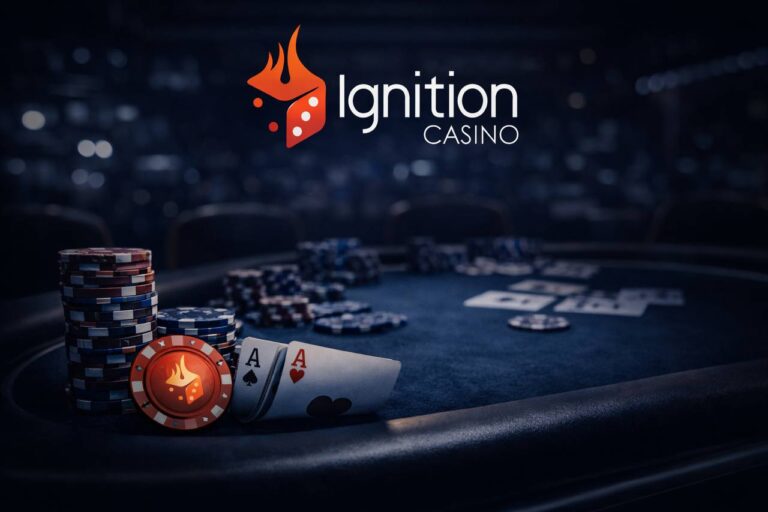 Ignition Poker review hero image with poker chips and casino table