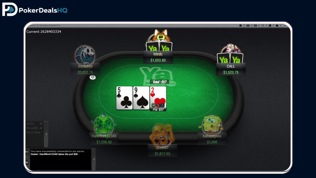 YaPoker online poker table with player avatars, chip balances, community cards on a green felt table