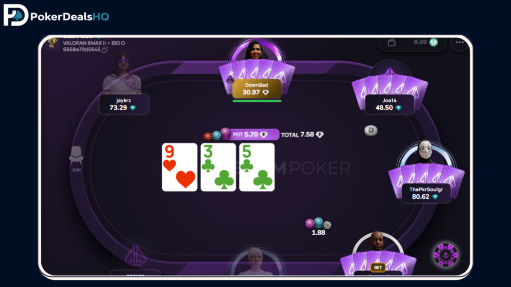 Online poker cash game table interface with player avatars, hole cards, and community cards on a purple-themed layout.