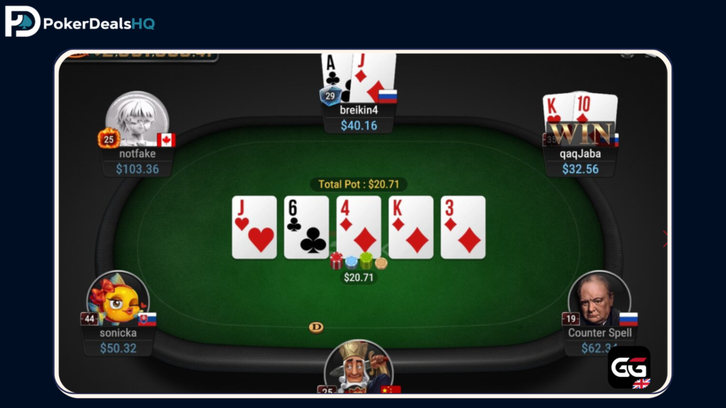 Online poker table with cards, chips, and players in a cash game.