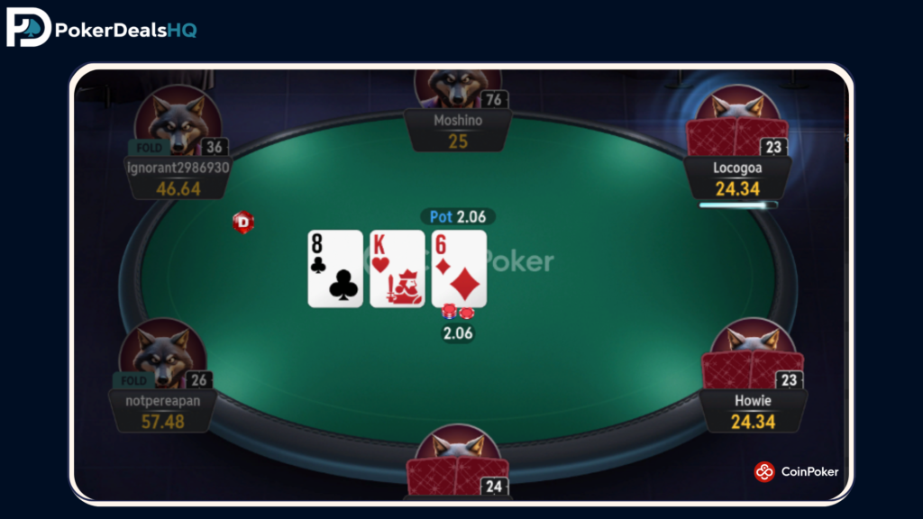 Online poker cash table with community cards and players.