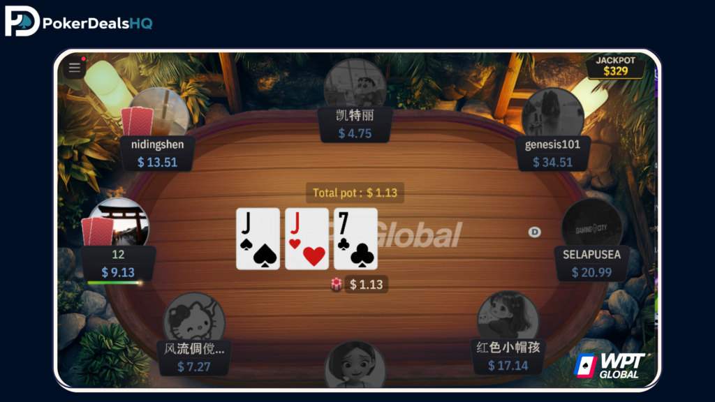 WPT Global online poker table with player avatars, chip balances, community cards

