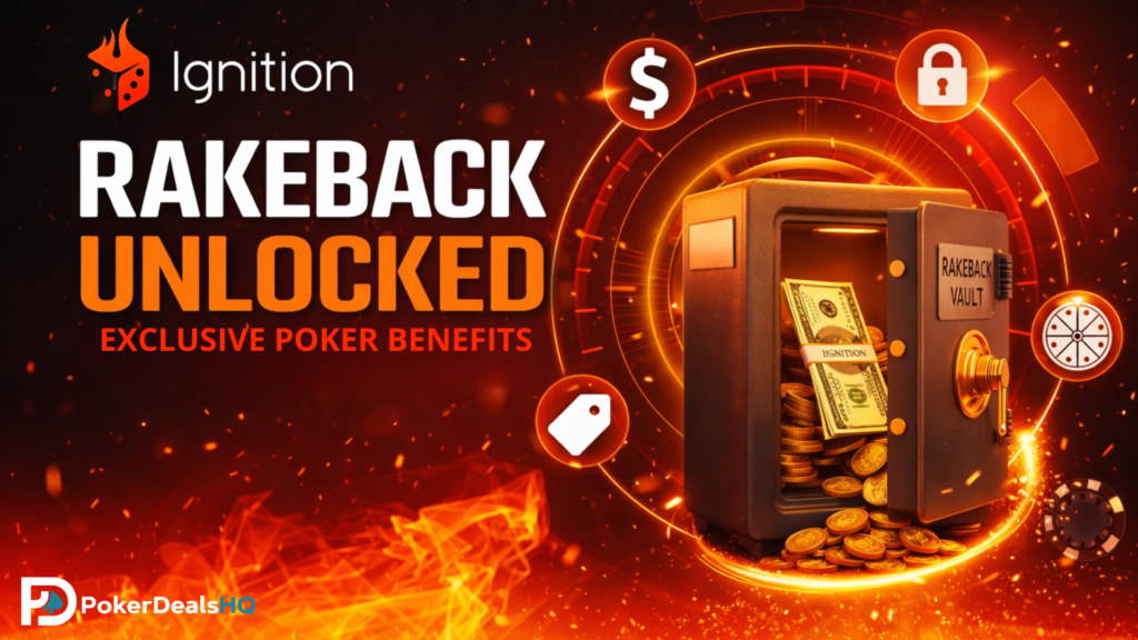 Ignition Poker rakeback promo with glowing icons, cash vault, and fiery background.