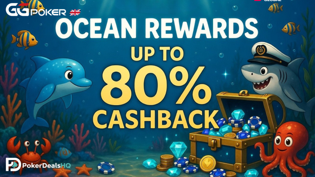 GGPoker UK Ocean Rewards promo with sea animals and 80% cashback offer.