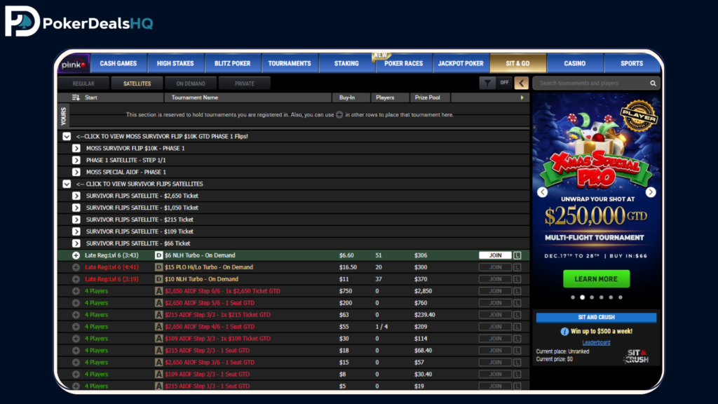 Black Chip Poker Sit & Go lobby showing satellite tournaments, buy-ins, player counts, prize pools, and registration options