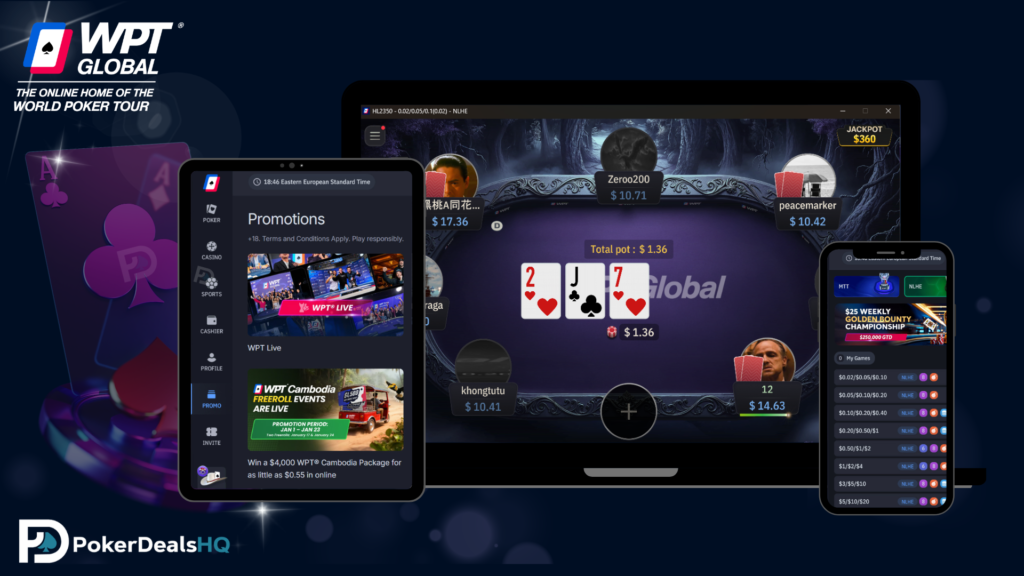 WPT Global platform promo showing poker gameplay and promotions across desktop, tablet, and mobile devices.