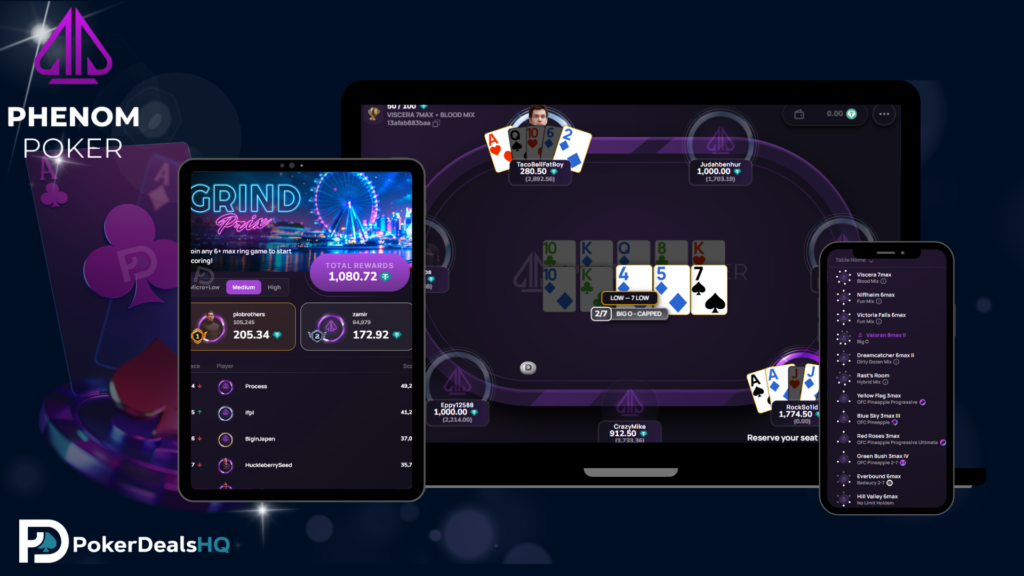 Phenom Poker promo image showing desktop, tablet, and mobile app screens on a dark blue background.
