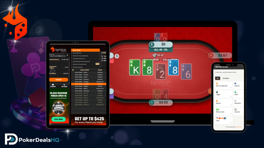 Poker software and mobile app interface showing tables, lobby, and gameplay screens.