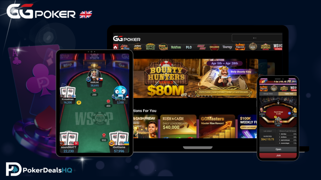 GGPoker uk software and mobile app interface on desktop, tablet, and phone.