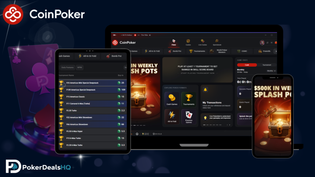 CoinPoker software and mobile app displayed on desktop, tablet, and phone.
