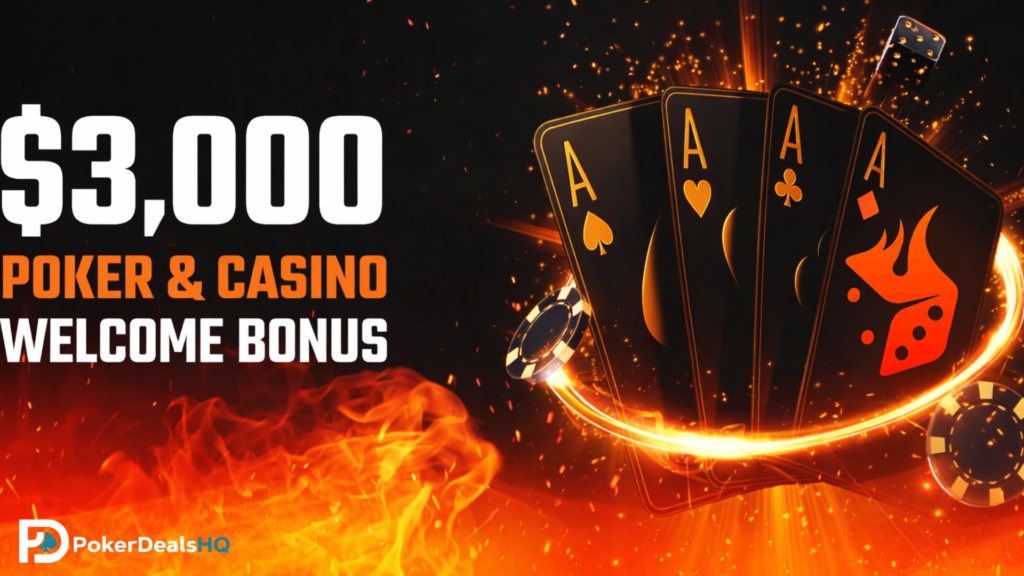 Poker and casino bonus banner with four aces, chips, and flames.