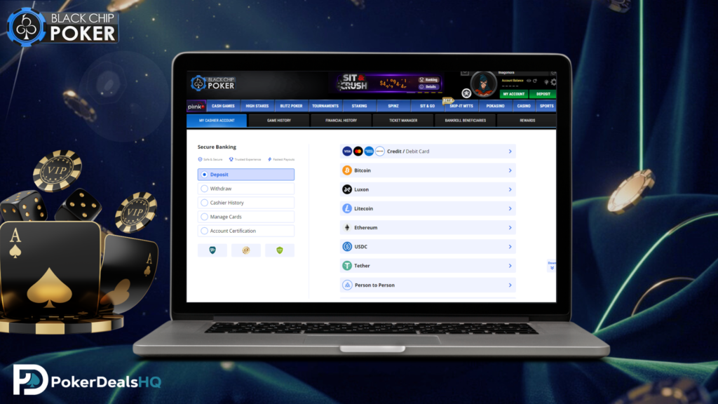Black Chip Poker cashier interface on a laptop displaying deposit options, secure banking features, and multiple payment methods including credit cards and cryptos