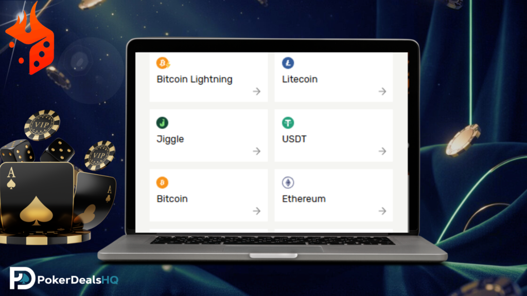 Laptop showing crypto deposit options including Bitcoin, Litecoin, USDT, and Ethereum on a poker site.