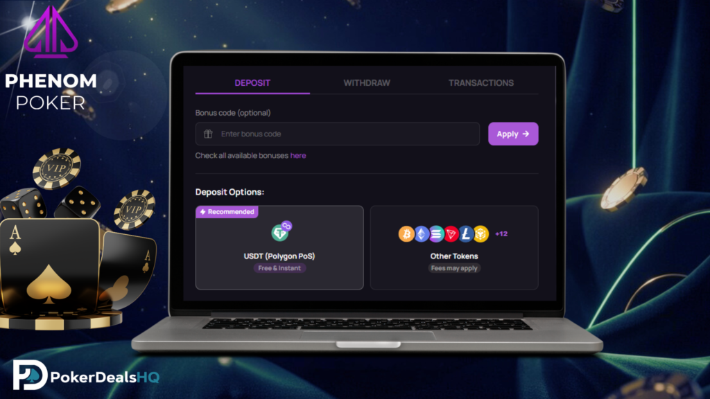Phenom Poker deposit screen on a laptop showing crypto payment options, bonus code entry, and dark-themed casino visuals.