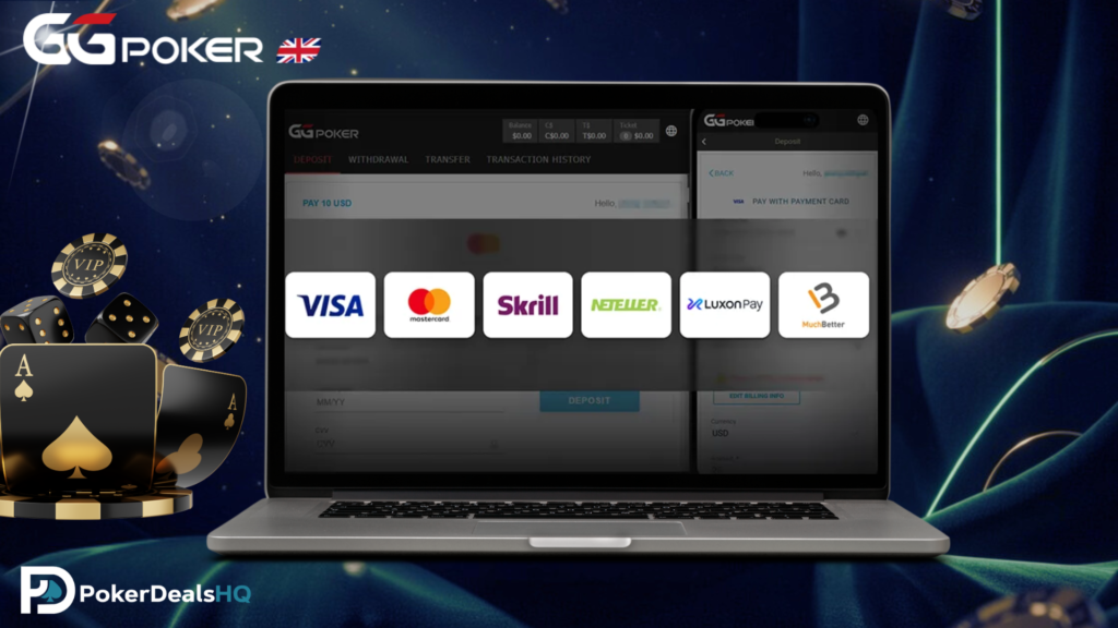 GGPoker deposit screen showing multiple payment options on desktop.
