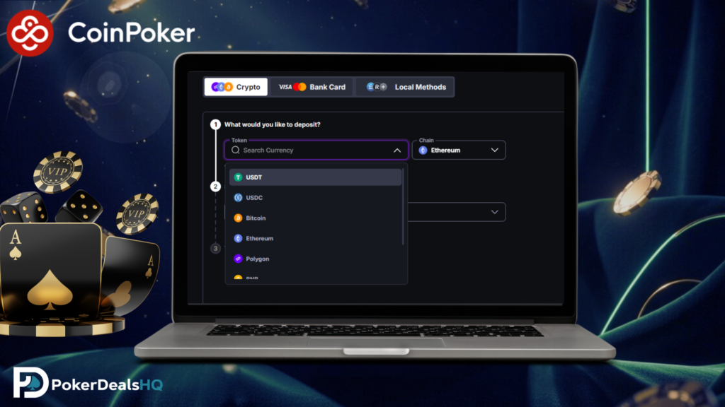 CoinPoker deposit screen with crypto payment options on desktop.