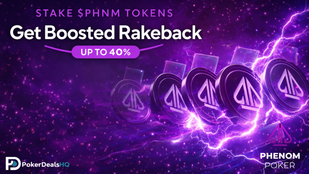 Purple promotional banner with PHNM token graphics, lightning effects, and boosted rakeback text up to 40%