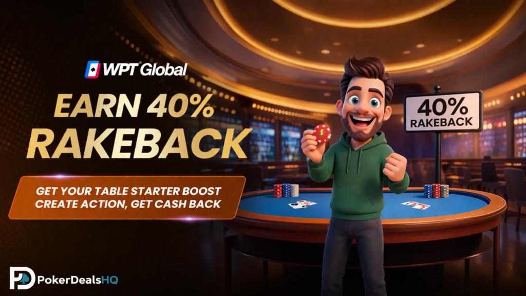 WPT Global promo banner offering 40% rakeback, featuring a cartoon player holding a chip