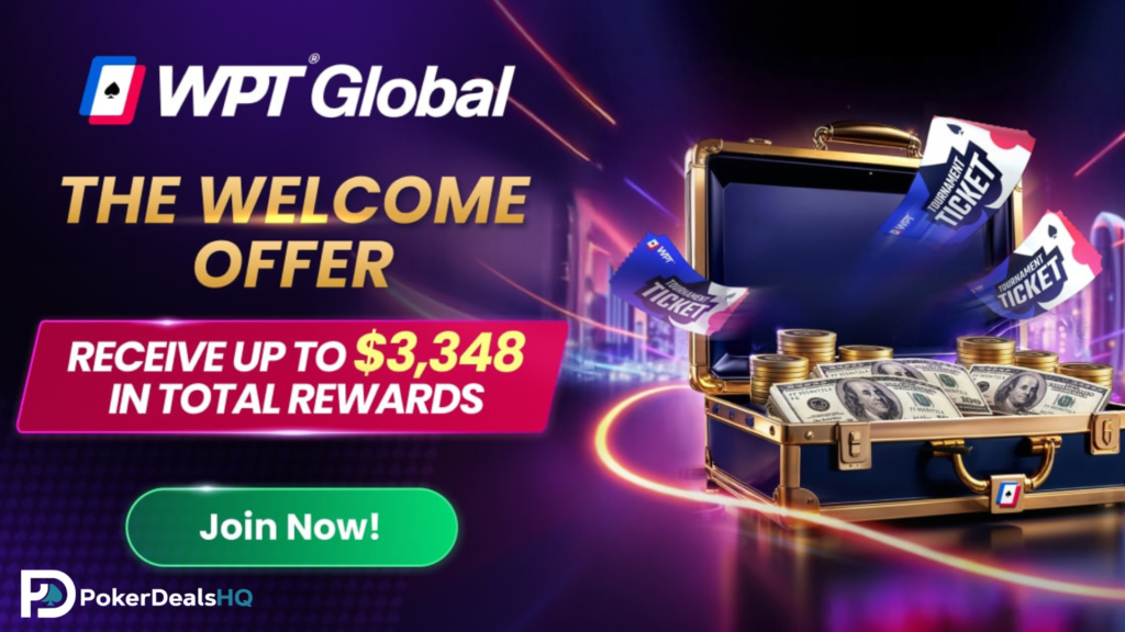 WPT Global welcome offer banner with total rewards, cash-filled briefcase, and tournament tickets.