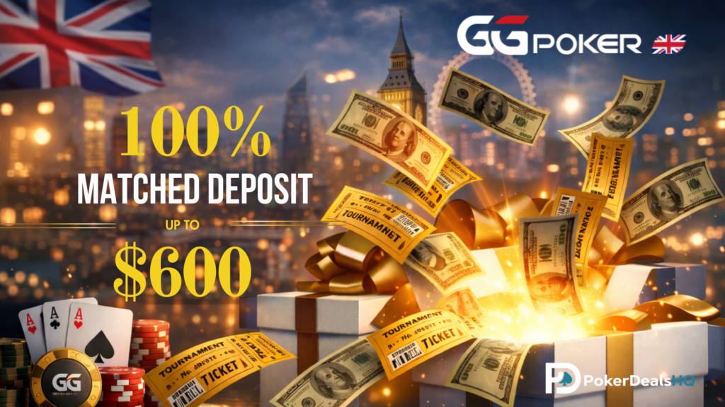 GGPoker UK bonus image with cash, tickets, and $600 offer.