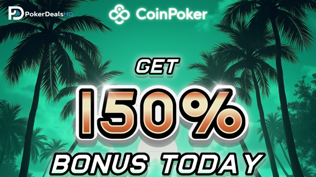 CoinPoker welcome promo with palm trees and 150% bonus