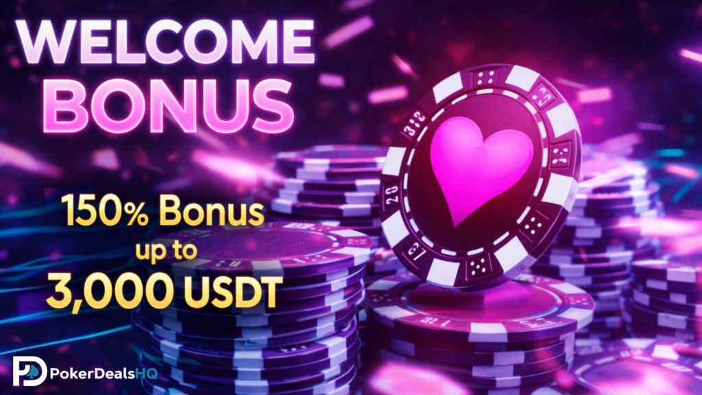 Neon poker banner with chip stacks and a welcome bonus offer of 150% up to 3,000 USDT.