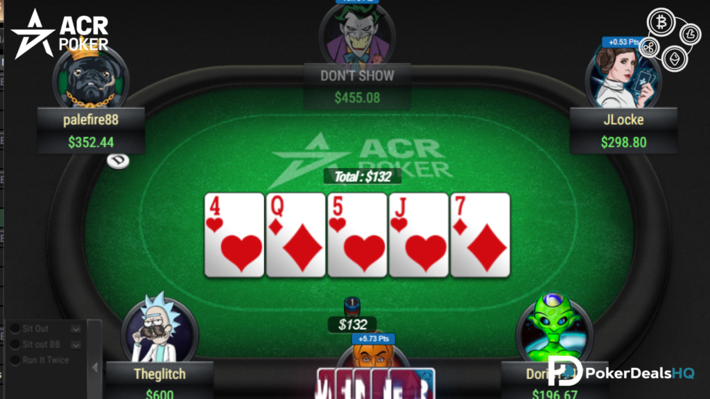 Online poker table on ACR Poker showing five community cards, a pot, and players with avatars around the table.