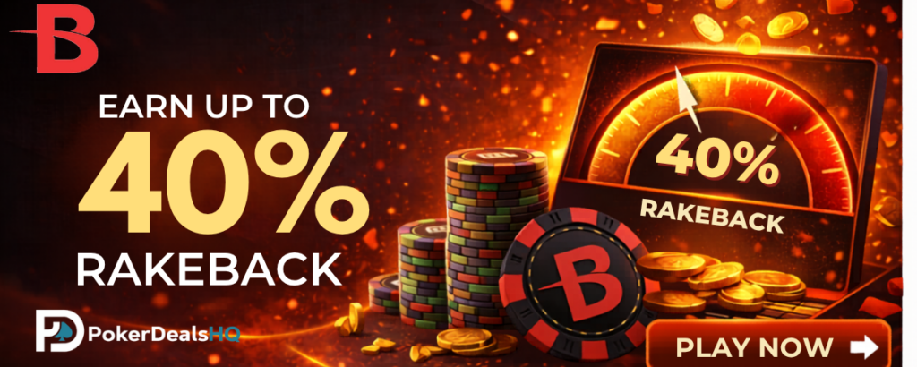 BetOnline Poker promo banner offering up to 40% rakeback, with poker chips, coins, a glowing gauge, and a red Play Now button.