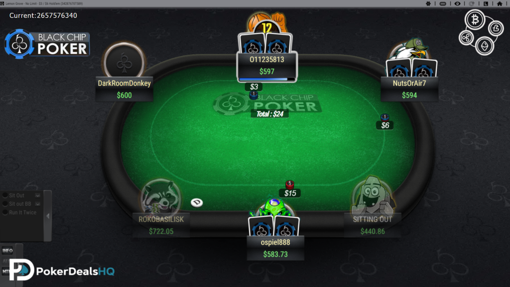Online poker table on Black Chip Poker showing players with avatars around the table.