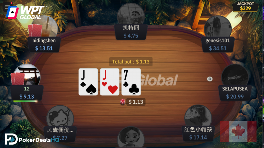 Screenshot of an online poker game on the WPT Poker CA platform.
