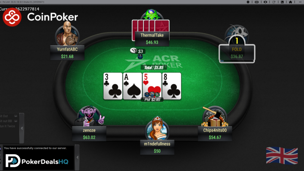 Screenshot of an online poker game on the CoinPoker UK platform.