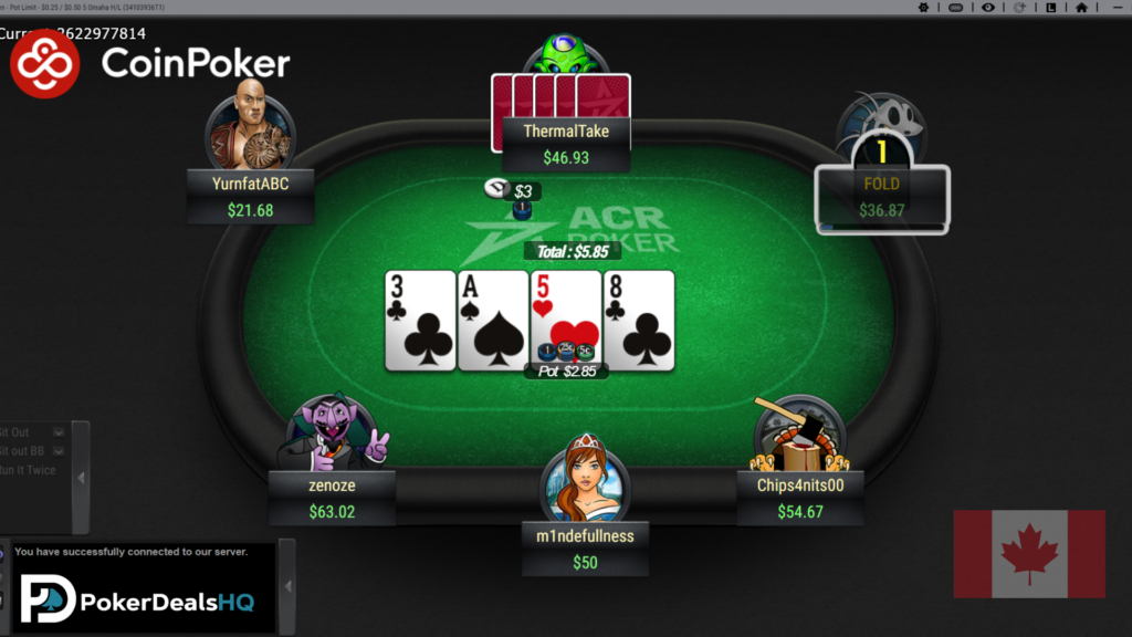 Screenshot of an online poker game on the CoinPoker CA platform.