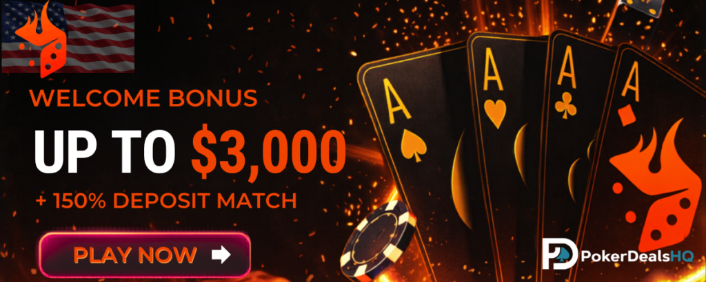 Promotional banner for Ignition Poker offering a welcome bonus up to $3,000 with a 150% deposit match and a Play Now button.