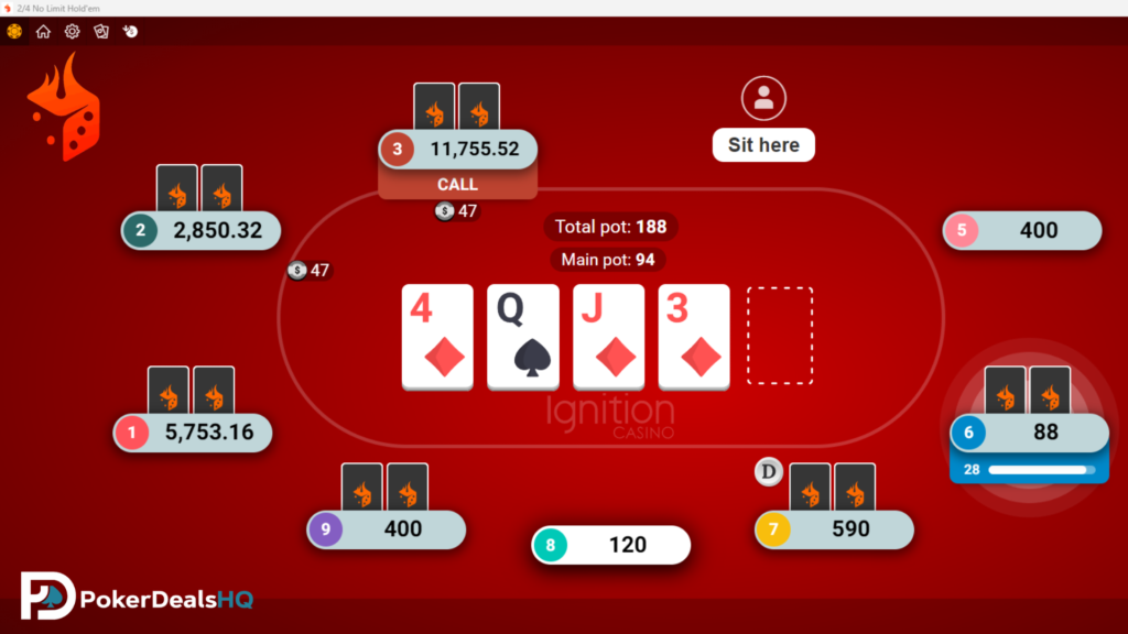 Online poker table showing community cards, player stacks, and total pot on Ignition Casino.