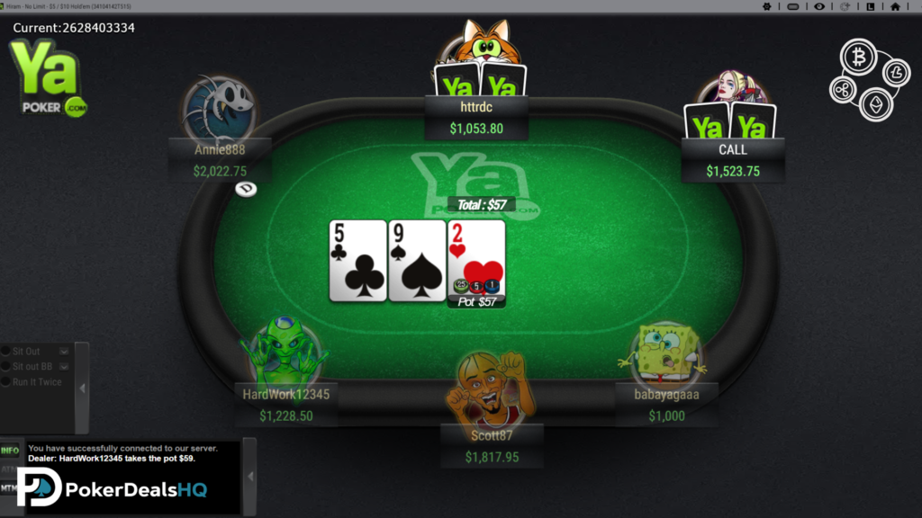 Online poker table on Ya Poker crypto showing three community cards, a pot, and players with avatars around the table.
