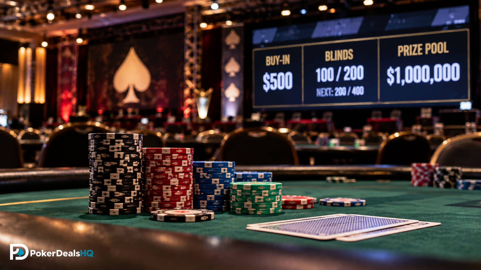 Poker tournament table with chips and blinds display