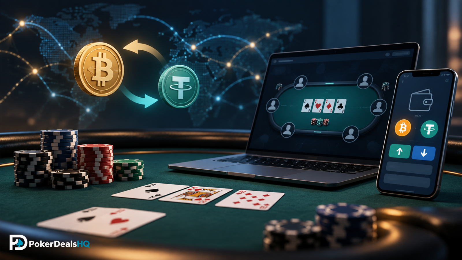 Crypto poker setup with Bitcoin, USDT, digital wallet and online poker table.