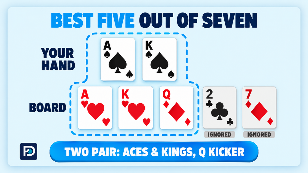 Texas Hold’em diagram showing the best five-card hand: two pair, aces and kings.