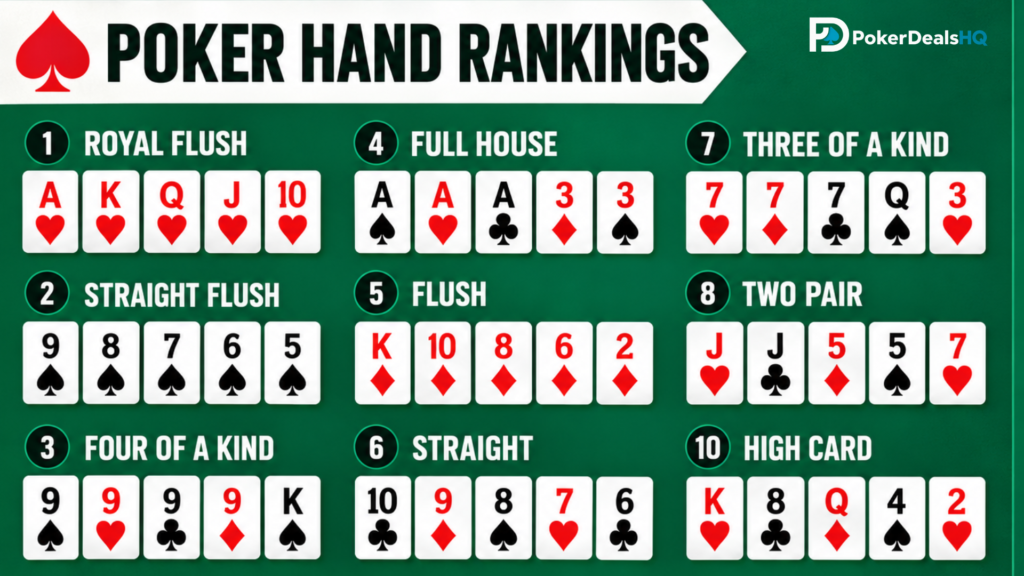 Poker hand rankings chart showing all ten hands from strongest to weakest.