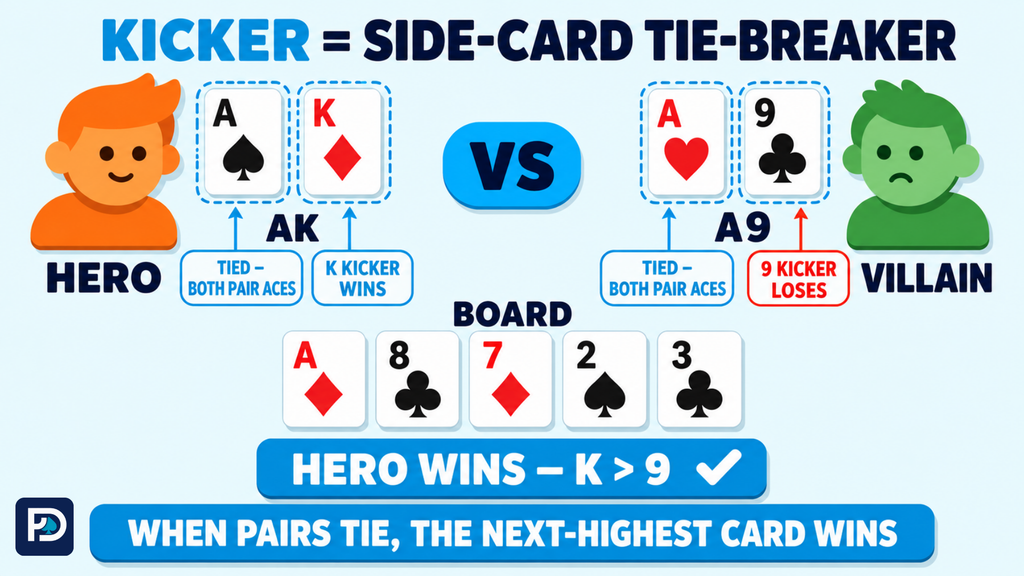 Poker kicker comparison showing how a king kicker beats a nine kicker.